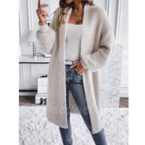 Fuzzy Chevron Beige White Open Cardigan Long Bishop Sleeve Soft - Picture 1 of 9